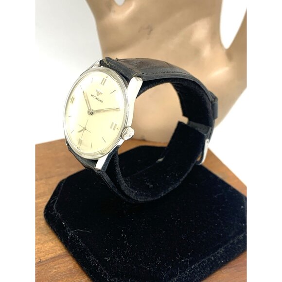 Wittnauer Mens Watch Vintage Swiss Hand Wind Silver Dial 33mm Black Leather Band - Picture 2 of 16